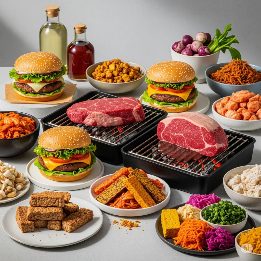 Diverse array of alternative proteins including plant-based burgers, cultivated meat, and fermentation-derived foods, symbolizing the future of sustainable food.