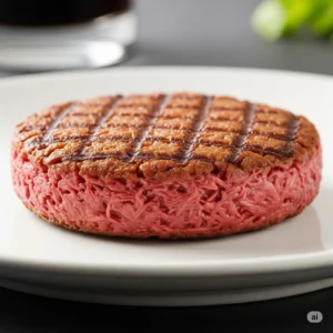 Close-up of a perfectly cooked lab-grown burger on a plate, representing the innovation in alternative proteins and sustainable eating.