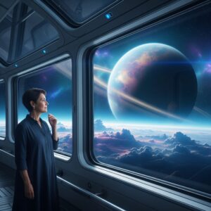 Human view from a futuristic space tourism habitat window, gazing at a distant celestial body