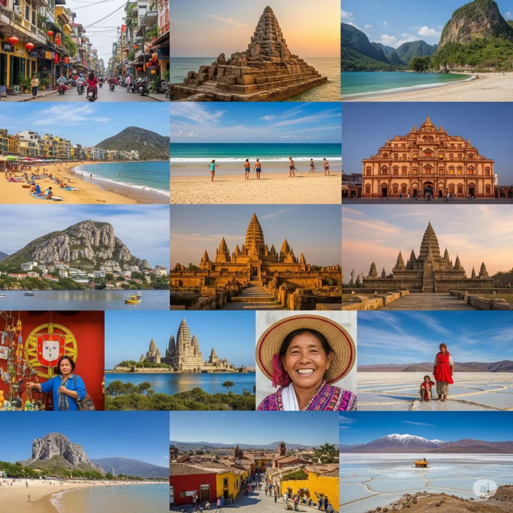 Travel for budget travelers: A collage of prominent landmarks and natural landscapes from Vietnam, Thailand, Cambodia, Albania, Portugal, Mexico, and Bolivia
