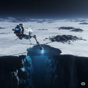 A futuristic space probe exploring an icy moon with subsurface ocean, representing the **search for extraterrestrial life** within our solar system.