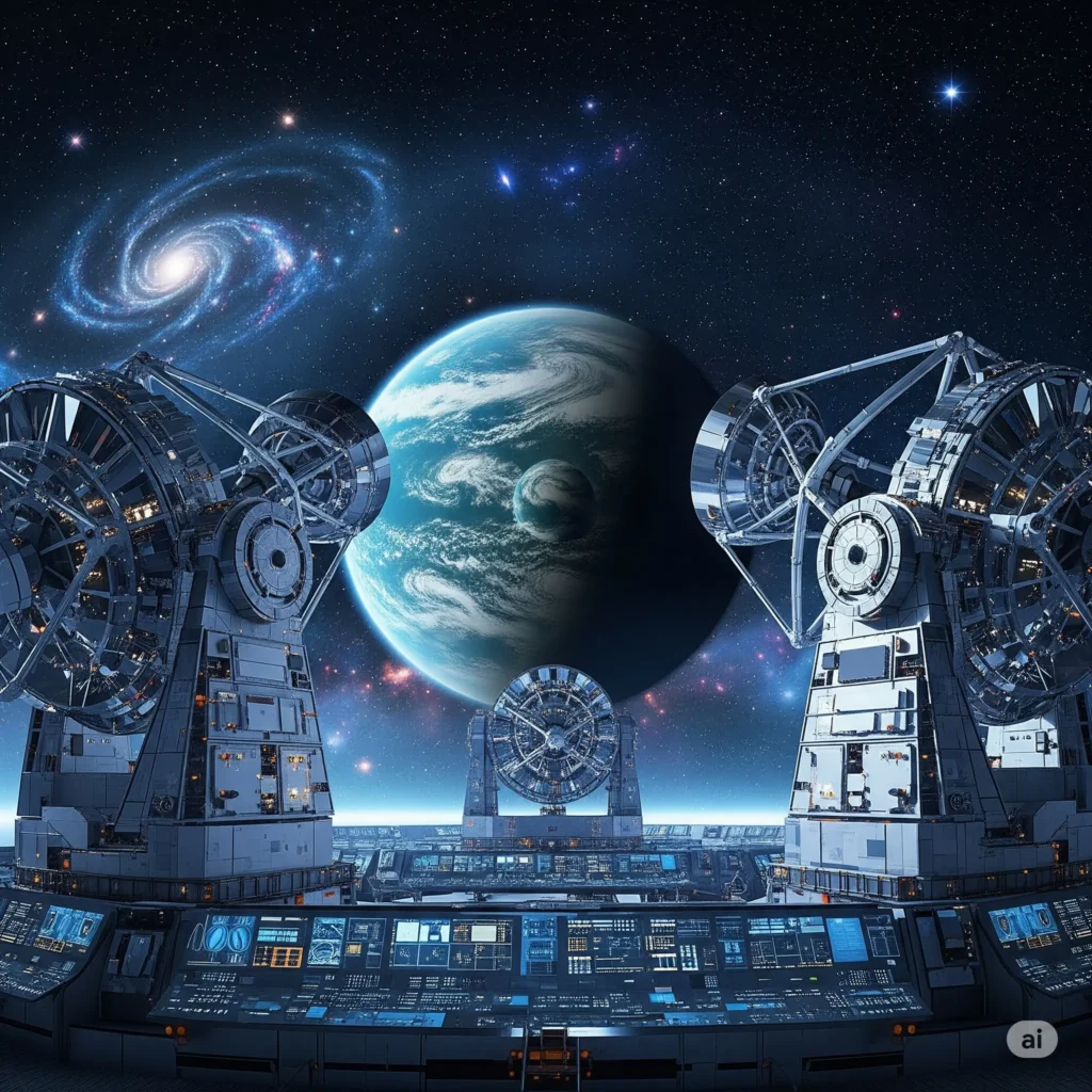 Vast cosmic landscape with a distant exoplanet and advanced telescopes, symbolizing the ongoing **search for extraterrestrial life**