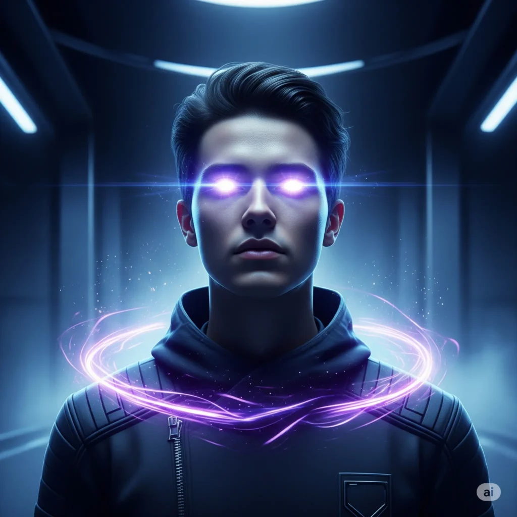 A high-resolution, futuristic digital image of a person with glowing eyes and a subtle purple and blue energy aura, symbolizing enhanced human abilities and the scientific potential of superpowers.