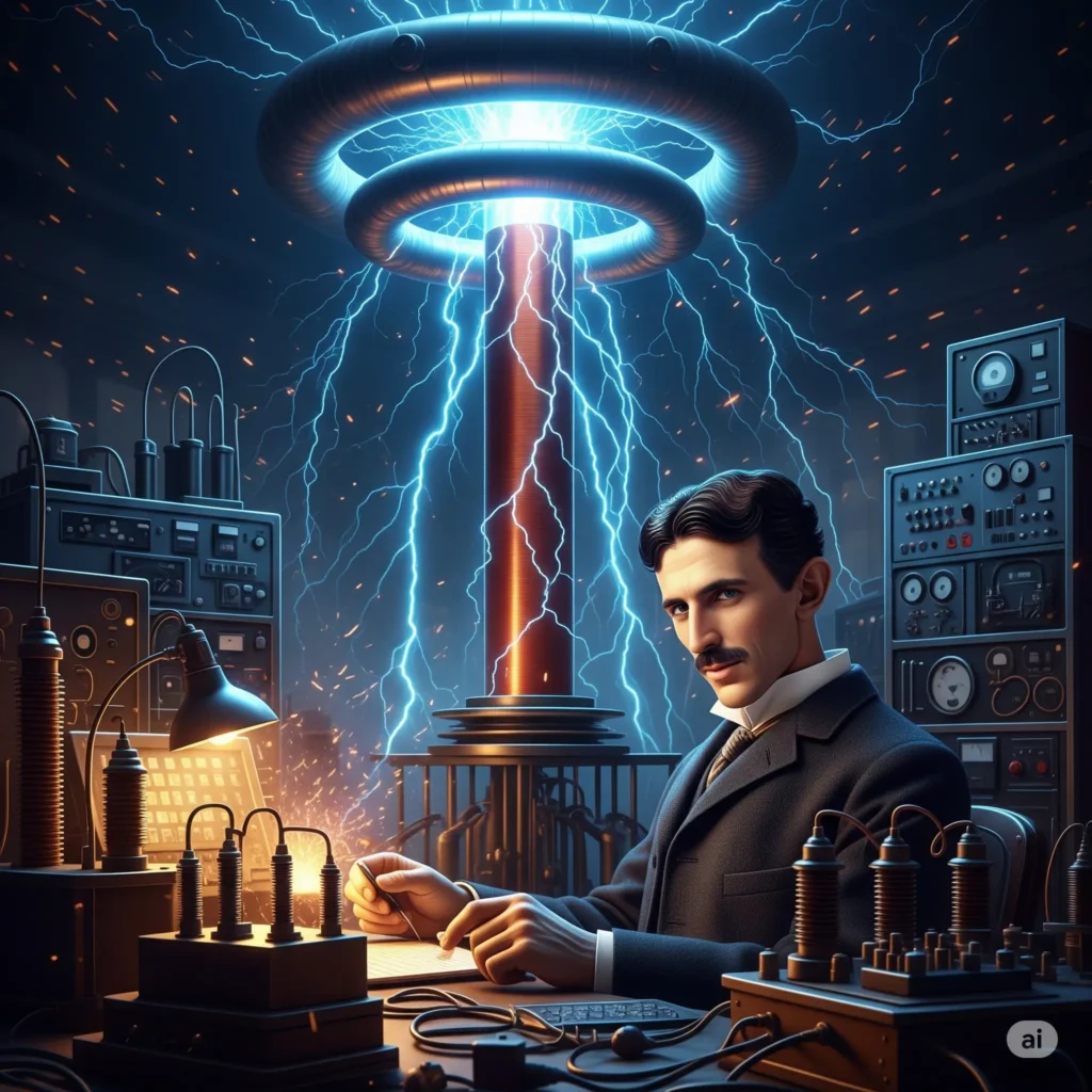 Nikola Tesla in his laboratory, surrounded by electrical equipment, Tesla coil in the background, dramatic lighting.