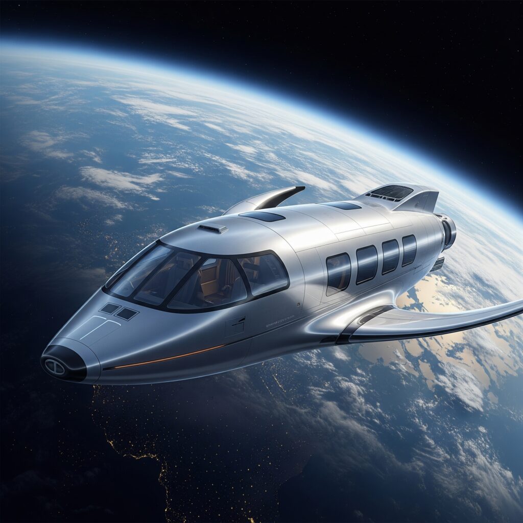 Futuristic space tourism spacecraft orbiting Earth, depicting the future of space travel.