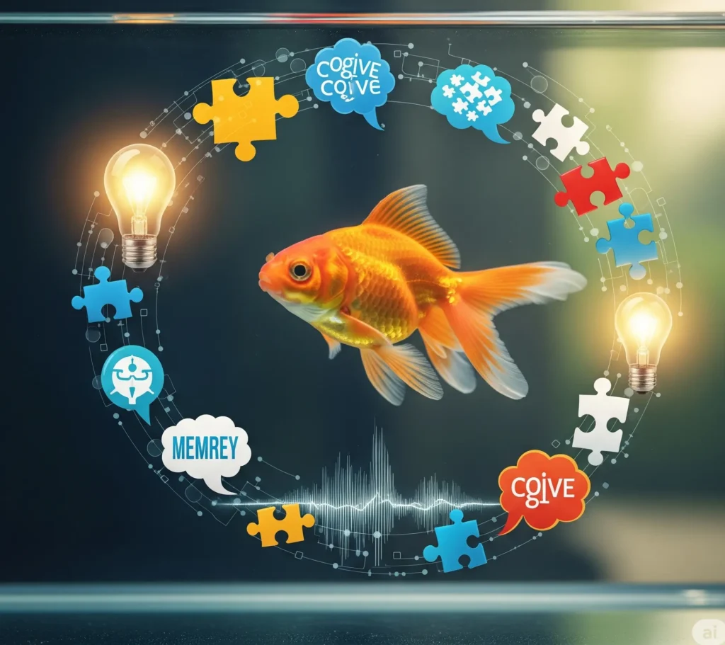 A professional, high-quality image of a goldfish gracefully swimming in a clear aquarium, surrounded by cognitive symbols like light bulbs, puzzle pieces, and abstract representations of memory waves. This image is suitable for a blog post about goldfish intelligence and animal cognition.