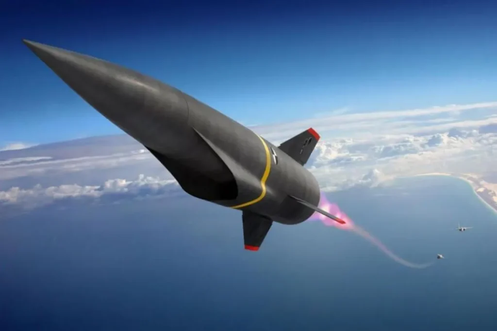 A high-quality digital illustration showing a large ballistic missile launching skyward with fiery exhaust, arcing towards space, contrasted with a smaller, sleek hypersonic missile flying at extremely high speed and low altitude over a landscape, leaving a glowing plasma trail. The image clearly differentiates between the two advanced missile types.